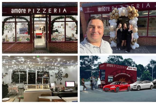 Images clockwise from top left: Amore Pizzeria; Paulo at the 2022 reopening after lockdown; Paulo's drive-through concept; inside Amore Pizzeria. Images: Amore Pizzeria.