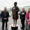 Council Leader Cllr Pete Marland, Artist Andy Edwards and deputy leader Cllr Lauren Townsend admire the new Jennie Lee statue