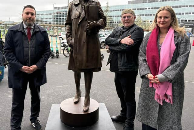 Council Leader Cllr Pete Marland, Artist Andy Edwards and deputy leader Cllr Lauren Townsend admire the new Jennie Lee statue
