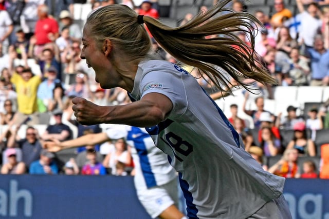 Finland's striker Linda Sallstrom celebrates after scoring their first goal during the UEFA Women's Euro 2022 Group B football match between Spain and Finland at Stadium MK