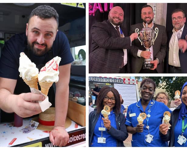 Paolo, left, and, right, at the Ice Cream Alliance awards; (bottom) all smiles as Milton Keynes Hospital staff receive free ice cream.