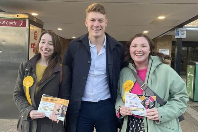Clare Tevlin, left, and Kerri Bradburn, right, the winners of yesterday's two by-elections at Broughton and Bradwell, pictured with Carl Cashman, leader of the Liberal Democrats at Liverpool City Council