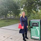 Cllr Lauren Townsend by a new Smart Bin