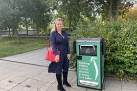 Cllr Lauren Townsend by a new Smart Bin