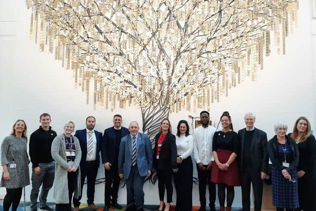 OU students, apprentices and alumni with Robert Halfon, Professor Tim Blackman, and Ben Everitt