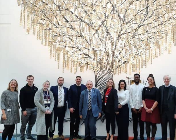 OU students, apprentices and alumni with Robert Halfon, Professor Tim Blackman, and Ben Everitt