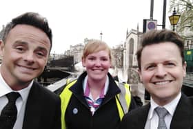 Rhiannon Treviss with Ant and Dec, outside Westminster Abbey