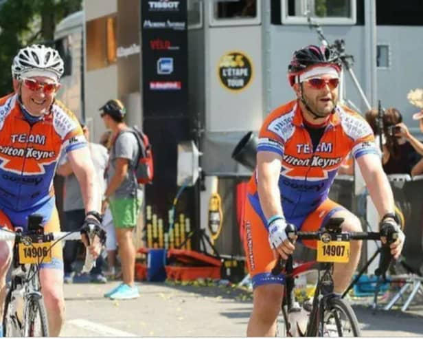 Prostate cancer survivor Steve Wakeland (left) riding alongside one of his sons, Tom.  Photo: Courtesy of Tom Wakeland/GoFundMe