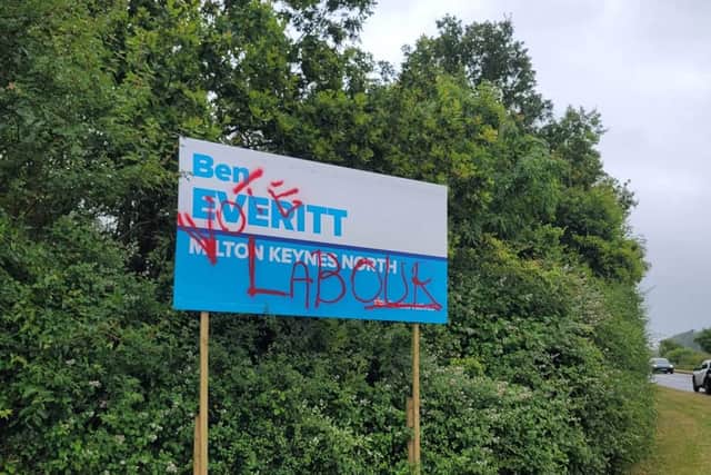 Three Conservative signs have bee defaced in Milton Keynes