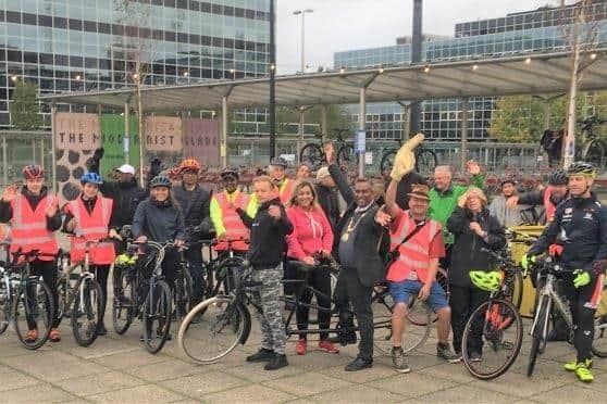 Milton Keynes Mayor Mohammed Khan pictured with cyclists who took part in the March Ride Anywhere challenge