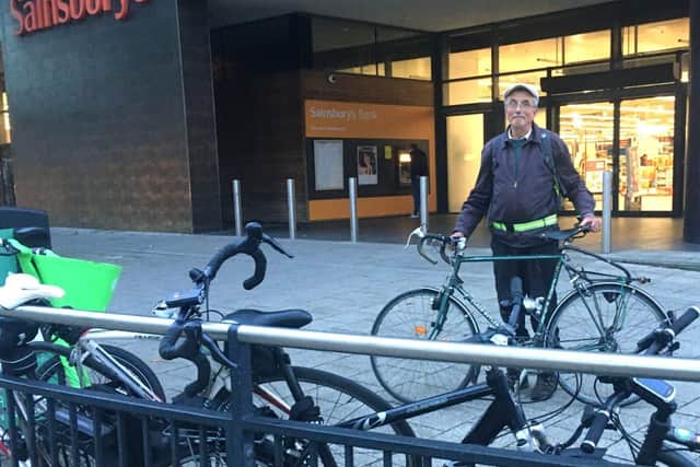 Sainsbury's shopper Mick Toms can't park his bike outside the store