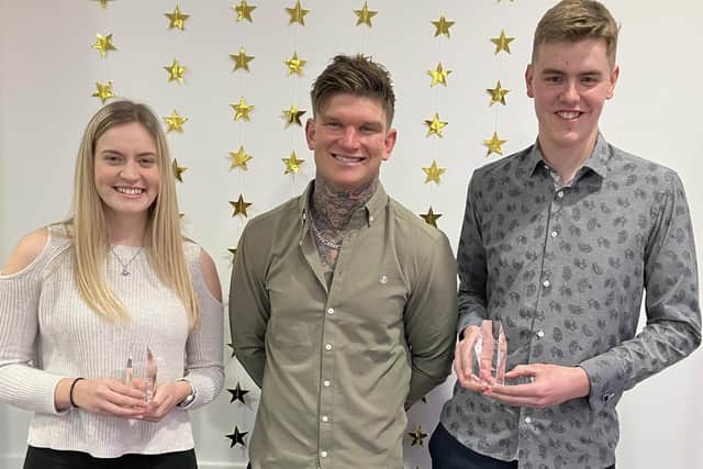 Charlie Collison, YouTube sensation and Super Trowels Bricklaying Competition winner with Jack Hart, NHBC Bricklaying Apprentice of the Year and Stephanie Black, NHBC Construction Site Supervisor Apprentice of the Year