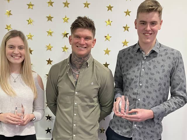 Charlie Collison, YouTube sensation and Super Trowels Bricklaying Competition winner with Jack Hart, NHBC Bricklaying Apprentice of the Year and Stephanie Black, NHBC Construction Site Supervisor Apprentice of the Year