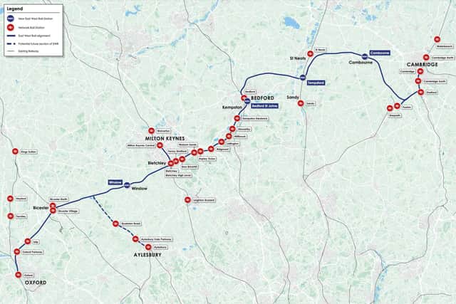 Map shows the proposed East West Rail route announced today (26/5)