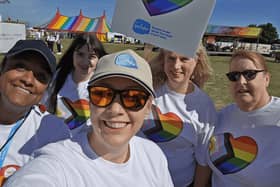 Alice (middle) with colleagues from Sue Ryder St John's Hospice at Milton Keynes Pride