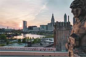 The Hope Memorial Bridge is flanked by art deco statues called the Guardians of Traffic