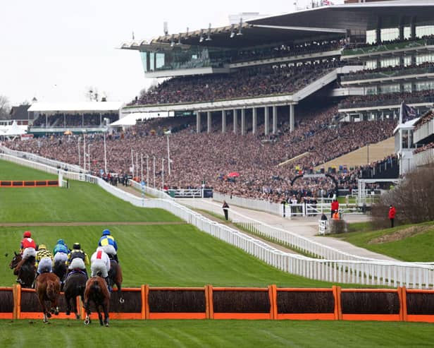 The iconic scene at Cheltenham as packed stands prepare to cheer on the runners in the opening race of the festival. (PHOTO BY: Adrian Dennis/Getty Images)