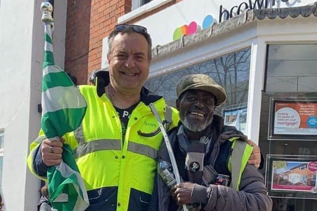 Andrew, aka 'Bushman' with Newport Pagnell Town Councillor Scott Humphries