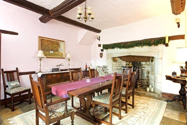 The dining room boasts a number of character features