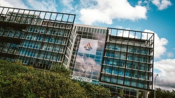 The Santander headquarters has been lit up to mark its sponsorship of the Milton Keynes Pride Festival
