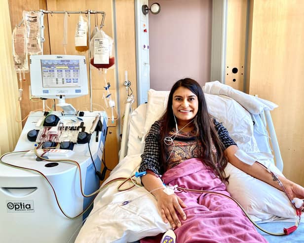 Poonam Shah, a woman from Milton Keynes, in hospital during the stem cell donation process.