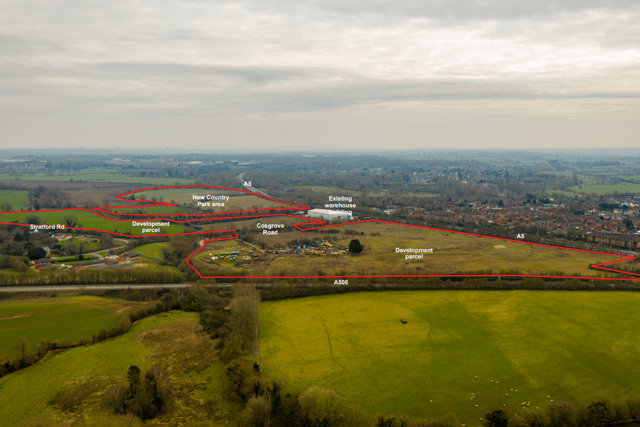 The 40-hectare site is located above the A5 by Old Stratford, stretching across four large fields. Credit: Frontier Estates