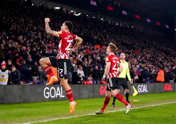 Sheffield United's Morgan Gibbs-White (left) celebrates scoring the Blades' fourth goal against Middlesbrough: Zac Goodwin/PA Wire.