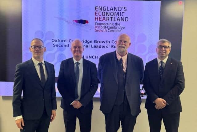 Cllr Mark Arnull (right) Leader of West Northamptonshire Council at the England’s Economic Heartland meeting with (from left) Cllr Adam Zerny, Leader of Central Beds Council, Cllr Martin Griffiths, Leader of North Northamptonshire Council and Cllr Tom Wootton, Leader of Bedford Borough Council.
