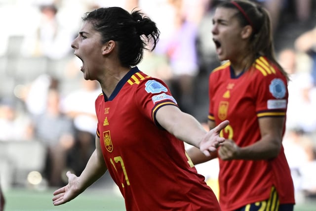 Spain's striker Lucia Garcia celebrates after scoring their third goal