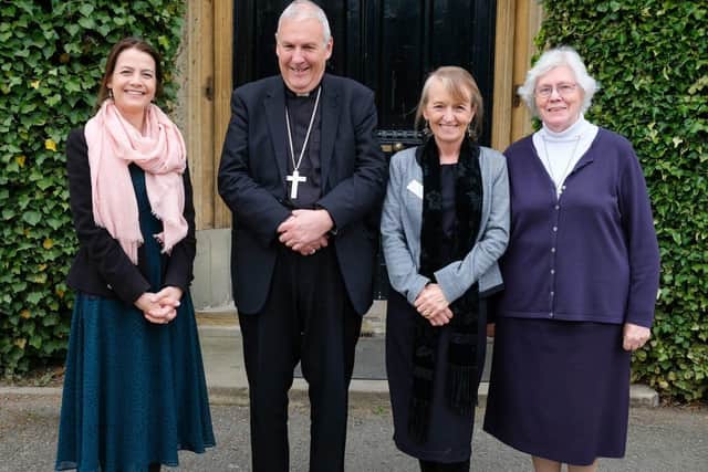 Bishop David with deputy head Louise Shaw, headteacher Val Holmes and chair of governors Sister Helen