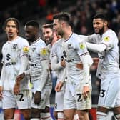 MK Dons celebrate Daniel Harvie's second goal of the season in the win over Forest Green Rovers on Boxing Day at Stadium MK