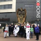Milton Moo, megaMK geocaching mascot leads a Flashmob event at Stadium MK. 