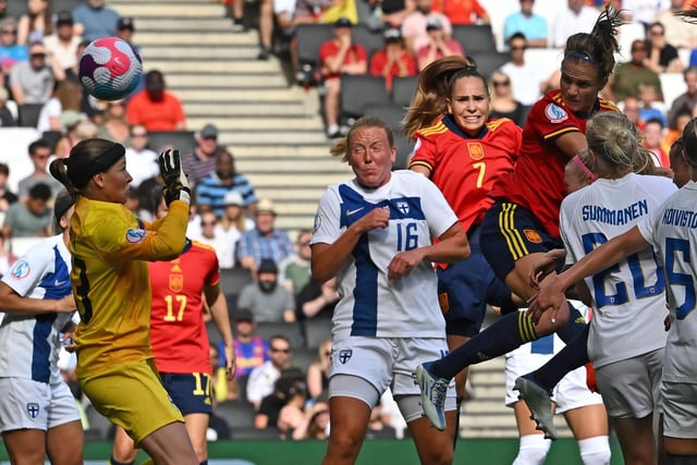 Spain's defender Irene Paredes jumps to head home Spain's equaliser