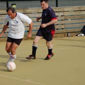 MK's oldest footballer Hugh Underwood, in action on the pitch at Shenley Leisure centre
