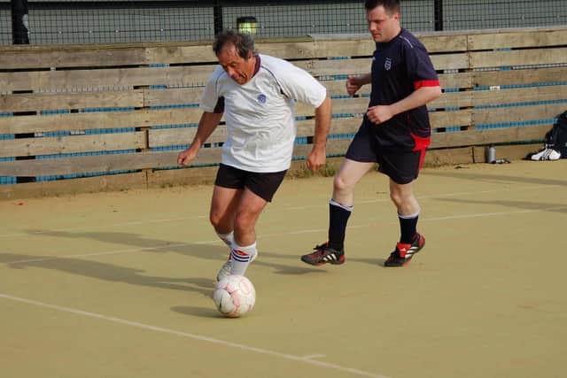 MK's oldest footballer Hugh Underwood, in action on the pitch at Shenley Leisure centre
