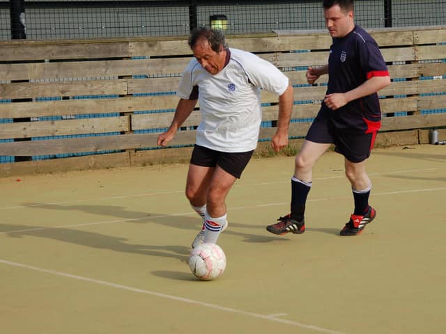 MK's oldest footballer Hugh Underwood, in action on the pitch at Shenley Leisure centre