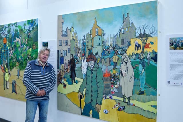 Jack Watto with his painting on damage to infrastructure, one of the eight paintings on display in the Art for Planet Earth exhibition.