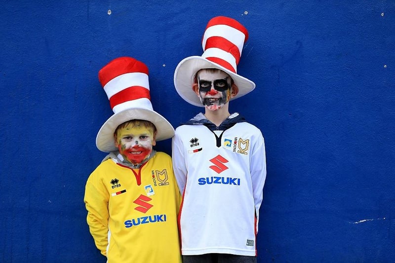 MK Dons fans arrive in fancy dress ahead of the Sky Bet Championship match between Ipswich Town and Milton Keynes Dons at Portman Road on April 30, 2016.