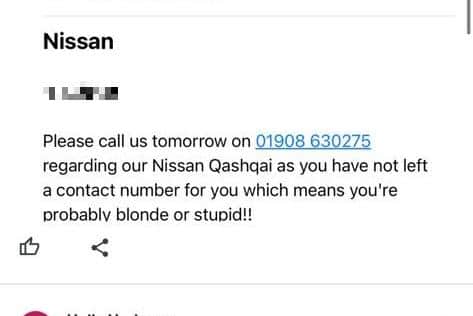 The sexist email the would-be customer received in response to her enquiry to the MK car dealer