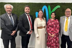 Milton Keynes City Council is showing cross-party support for the White Ribbon campaign; pictured from left are Cllr David Hopkins, Council Leader, Cllr Pete Marland, Cllr Emily Darlington Cllr Shanika Mahendran, and Cllr Robin Bradburn