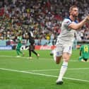 Jordan Henderson of England celebrates after scoring the team's first goal against Senegal at the Al Bayt Stadium. (Photo by Dan Mullan/Getty Images)