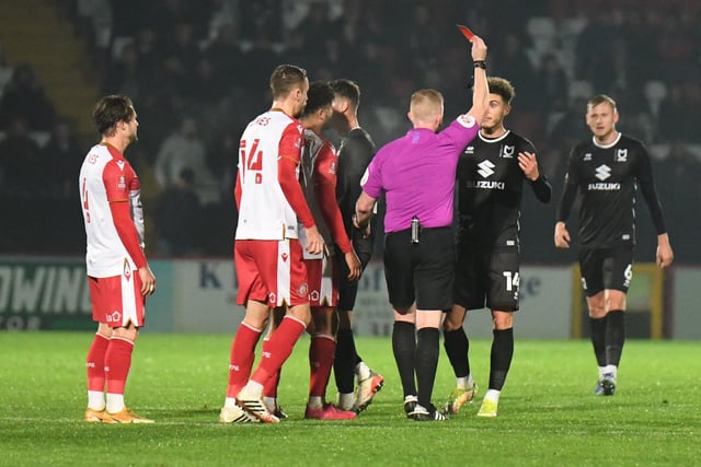 In one of the most astonishing (ly bad) refereeing performances, Alan Young took centre stage for Dons this season. The same referee who forgot to play stoppage time, and called the players back out of the dressing room to play it in a previous game, he was remarkably allowed to officiate another game and once again stunned those in attendance by sending off Dons' Josh Martin for... we're still not sure. Standing near a Stevenage player was the best we could glean. Rumour has it in Dons' official rating out of 100, the ref ranked in the teens.