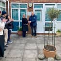 MK Mayoress Mandy Legg and Wavendon Parish Council chairman David Hopkins at the Covid Memorial Courtyard