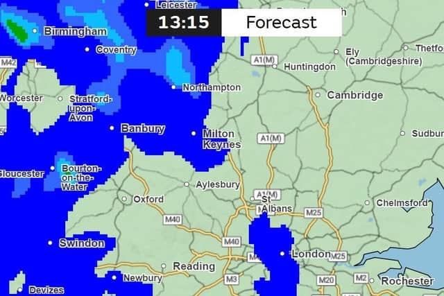 A band of showers is set to travel eastwards and will reach Milton Keynes at around 1pm