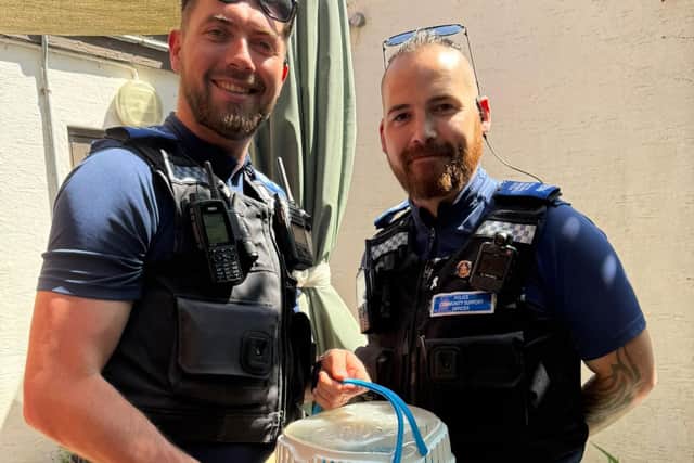 The police officers rescued the ducklings from inside the drain