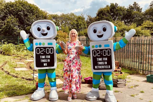 Cllr Zoe Nolan, Cabinet Member for Children and Families with local ‘Time for Twos’ mascots Tick and Tock at Hedgerows Family Centre in Netherfield