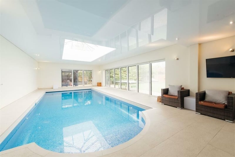 A spacious pool side area offers spaces for chairs, and gym equipment, with space for the sauna which may be available by separate negotiation. The property has a stretch ceiling with large  overhead lantern and extensive bi-fold glazing (10 panels each with integrated blinds) to the rear and side opening to the garden.