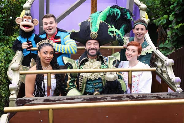The cast of the Milton Keynes Theatre's 2024 pantomime Peter Pan enjoy a ride on a pirate ship at Gulliver's Land