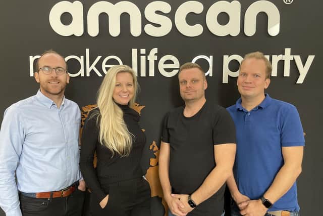 From left, Amscan International's CEO Joe Hennigan and managing director for European retail Claire Grasby withand Party King founders and owners Jeff Jansson and Joel Svensson