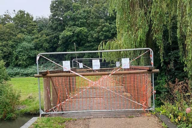 The footbridge at Lodge Lake in Milton Keynes has been closed for safety reasons, making the circular walk impossible